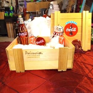 Coca-Cola Polonaise Glass Ornaments Set of 3 in Wood Crate - Kurt Adler 1996